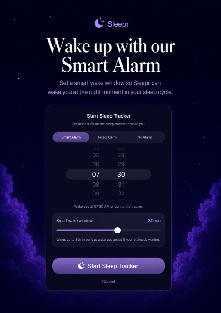 Sleepr smart alarm screen with a wake-window slider and time picker